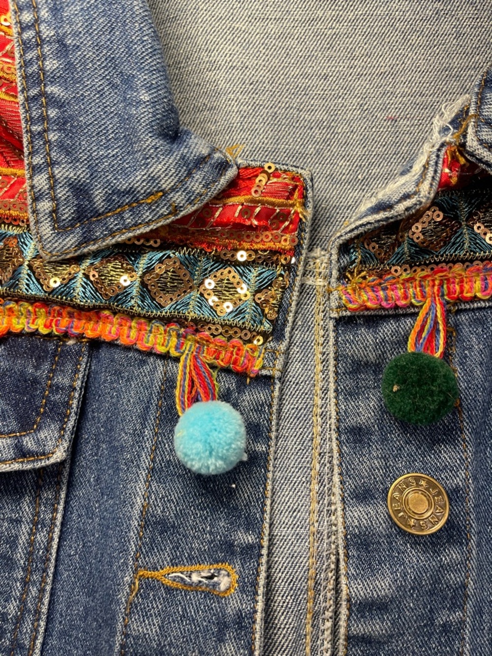 Velzera Women’s Denim Jacket with Multicolor Embroidered Panels and Pom-Poms - Picture 8 of 16